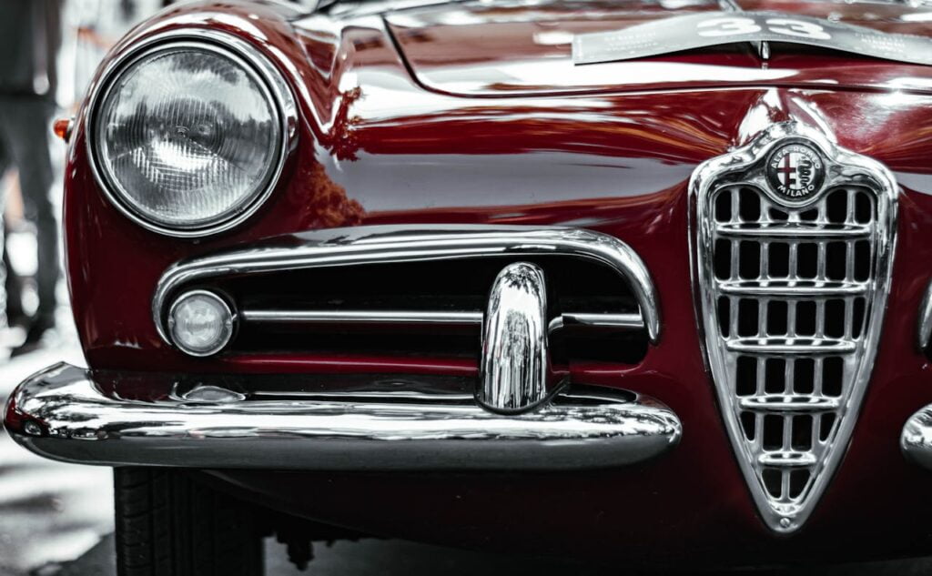 the front of a red car