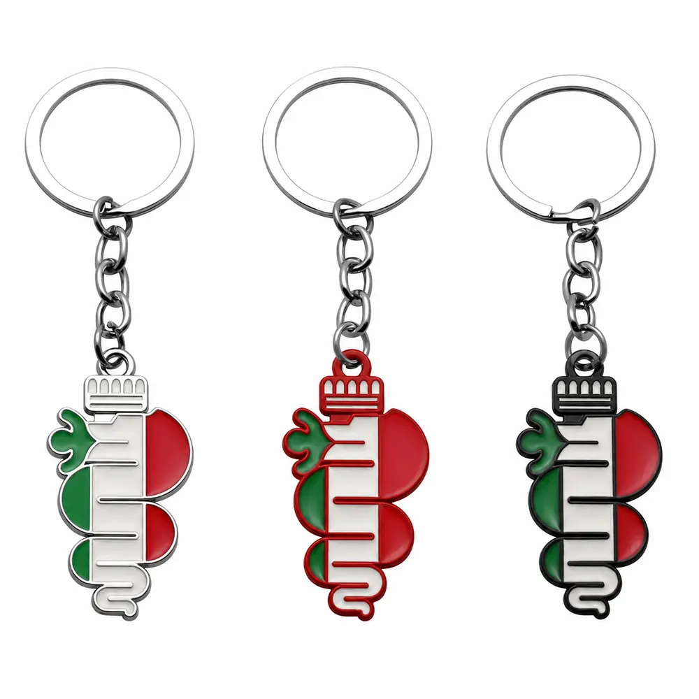 Alfa Romeo Biscione keychain in Italian tricolore enamel, shown in chrome, red and black finishes